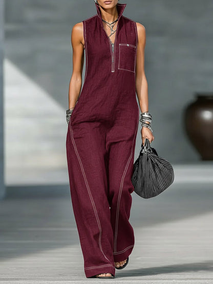 🔥Summer Arrivals🌟Women's Stand-collar Sleeveless Casual Loose Cotton And Linen Jumpsuit