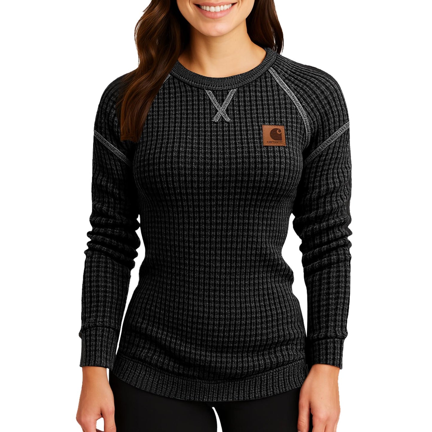 🔥𝗖𝗹𝗲𝗮𝗿𝗮𝗻𝗰𝗲 𝗦𝗮𝗹𝗲🌟Women's Vintage Black Waffle Knit Crewneck Long Sleeve Sweatshirt