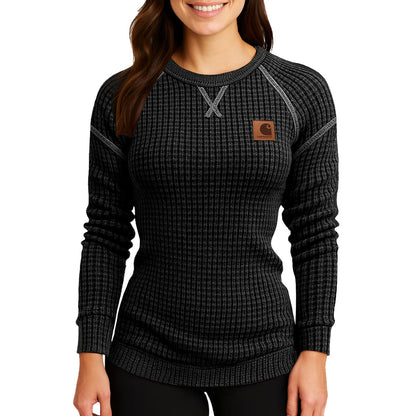 🔥𝗖𝗹𝗲𝗮𝗿𝗮𝗻𝗰𝗲 𝗦𝗮𝗹𝗲🌟Women's Vintage Black Waffle Knit Crewneck Long Sleeve Sweatshirt