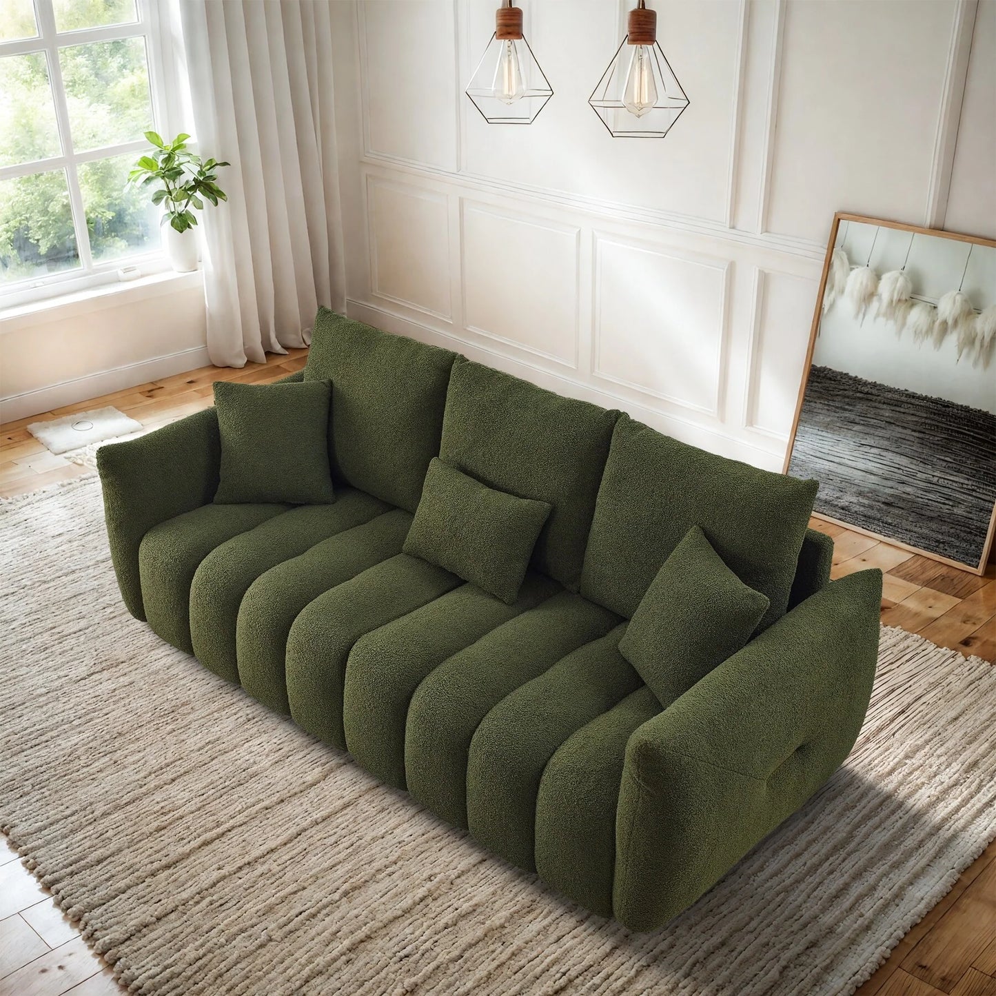 Ouyessir Overstuffed Upholstered Deep Seat Soft Fabric Sofa with 3 Pillows