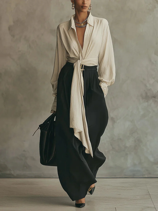 🔥Summer Arrivals🌟Elegant Minimalist Tie Shirt And Wide-leg Pants Two-piece Set