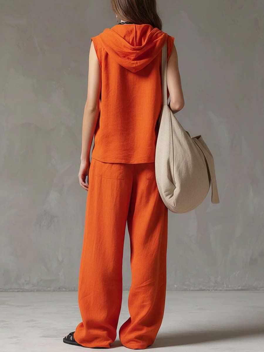🔥Summer Arrivals🌟Women's Solid Color Sleeveless Casual Loose Hooded Top and High-Waisted Wide-Leg Cotton Set