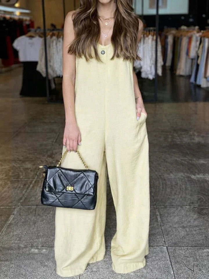 🔥Summer Arrivals🌟Women's Solid Color V-neck Sleeveless Casual Loose Cotton And Linen Jumpsuit
