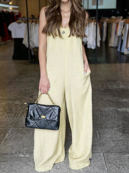 🔥Summer Arrivals🌟Women's Solid Color V-neck Sleeveless Casual Loose Cotton And Linen Jumpsuit