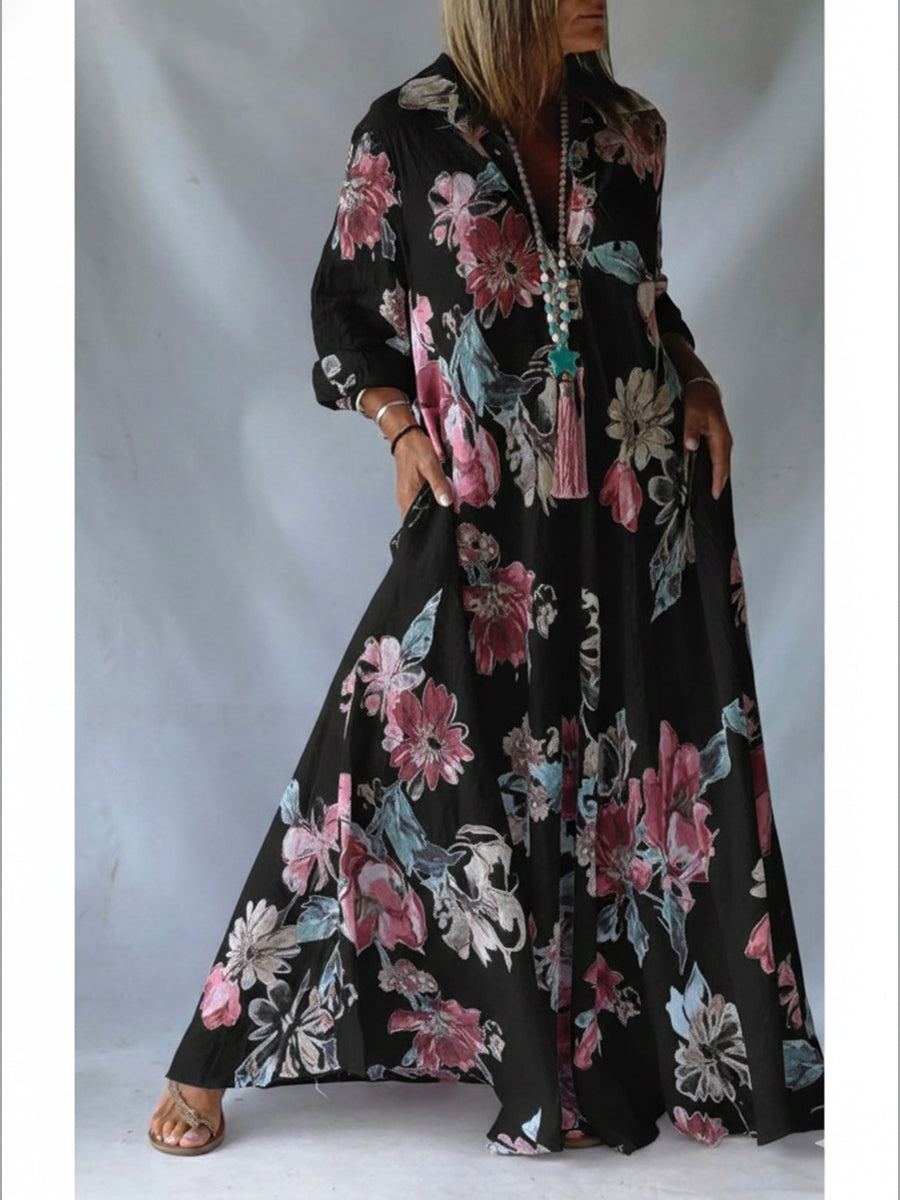 🔥Summer Arrivals🌟Loose-fitting Casual Linen And Cotton Floral Print Shirt Dress