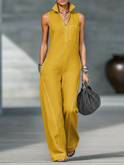 🔥Summer Arrivals🌟Women's Stand-collar Sleeveless Casual Loose Cotton And Linen Jumpsuit