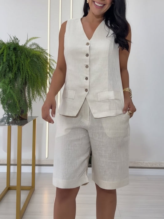 🔥Summer Arrivals🌟Casual Linen And Cotton Vest And Bermuda Shorts Two-piece Set
