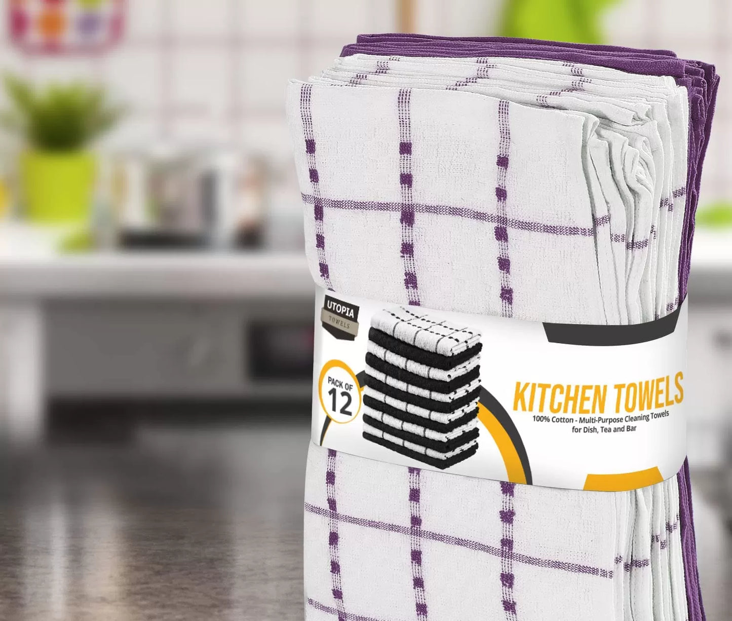 Kitchen Towels 12 Pack, 15 x 25 Inches, 100% Ring Spun Cotton Super Soft and Absorbent Linen Dish Towels, Tea Towels and Bar Towels Set (Black)