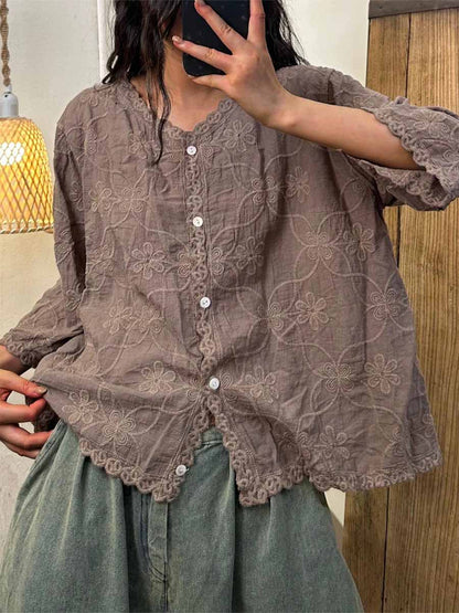🔥Summer Arrivals🌟Women's V-neck Half Sleeve Embroidered Cardigan Buttoned Casual Linen Top