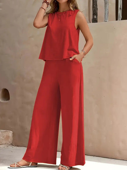 🔥Summer Arrivals🌟Women's Casual Crew Neck Top And Wide-leg Pants Set