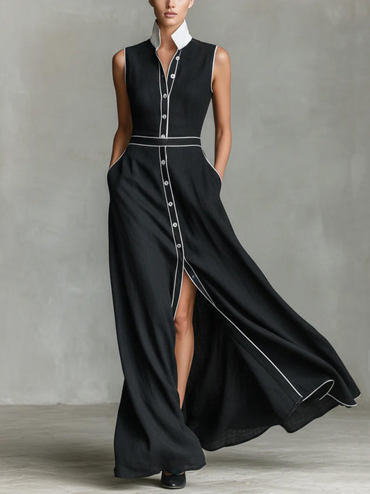 🔥Summer Arrivals🌟Women's Collared Sleeveless Casual Loose Long Cotton Linen Dress