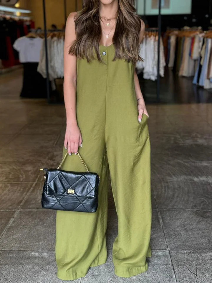 🔥Summer Arrivals🌟Women's Solid Color V-neck Sleeveless Casual Loose Cotton And Linen Jumpsuit