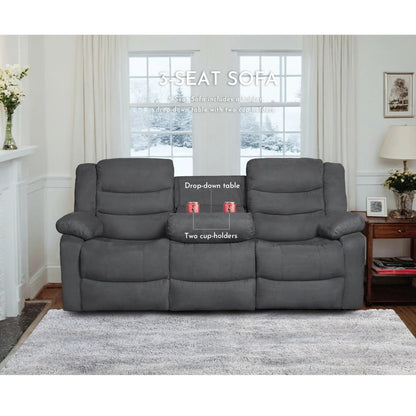 Modern 3-Piece Manual Reclining Living Room Sofa Set with Dropdown Table and Console