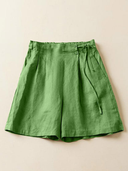 🔥Summer Arrivals🌟Women's Semi-elastic High Waist Solid Color Casual Cotton and Linen Wide Leg Shorts
