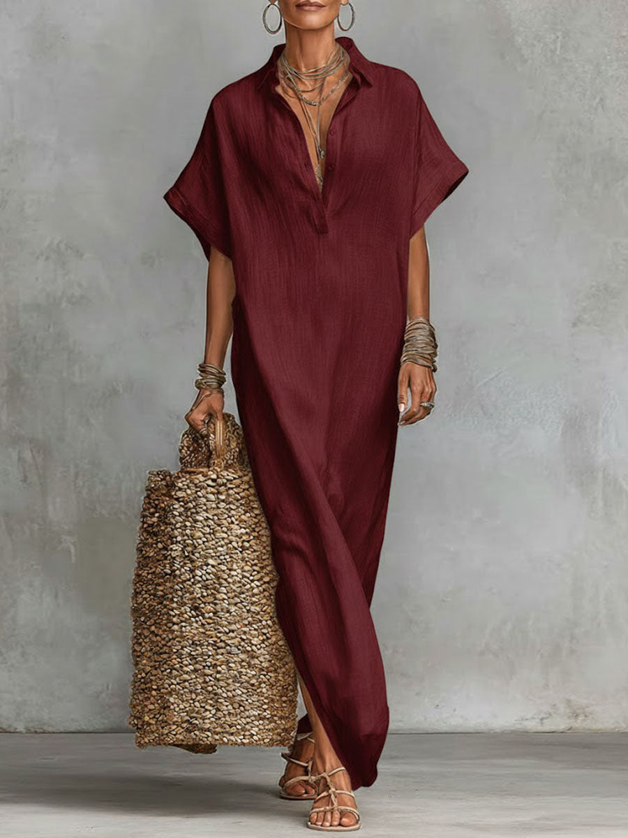 🔥Summer Arrivals🌟Women's Solid Color Collared Short-sleeved Casual Loose Linen Dress