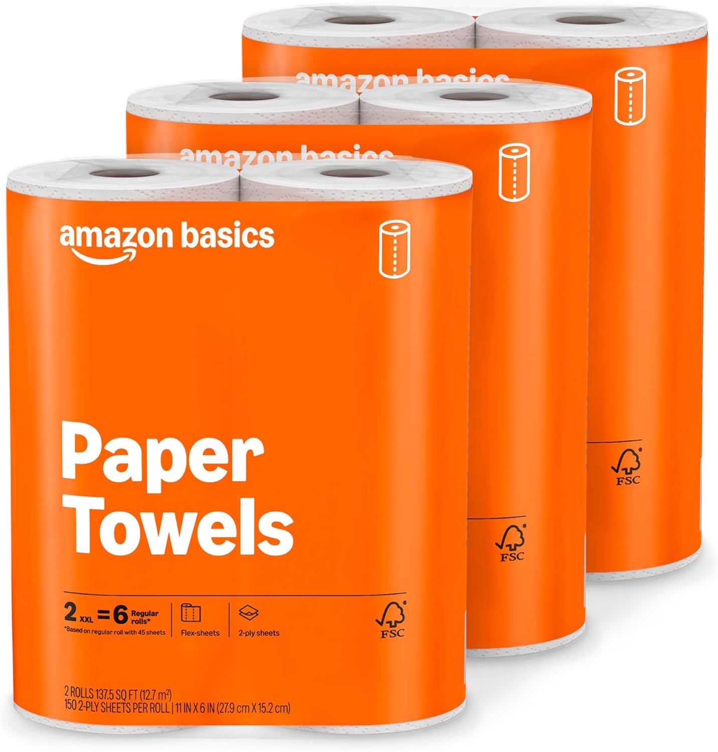 Amazon Basics 2-Ply Flex-Sheets Paper Towels, 12 Basics Rolls = 40 Regular Rolls, Everyday Value with 150 Sheets per Roll, Packaging May Vary