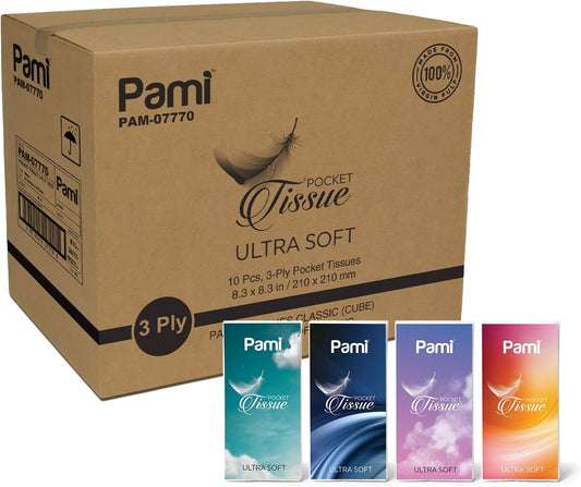 PAMI Ultra-Soft 3-Ply Pocket Tissues, Small Packs of Tissues for Purse, Strong & Absorbent Facial Wipes (Pack of 8 10 Count (Pack of 8))