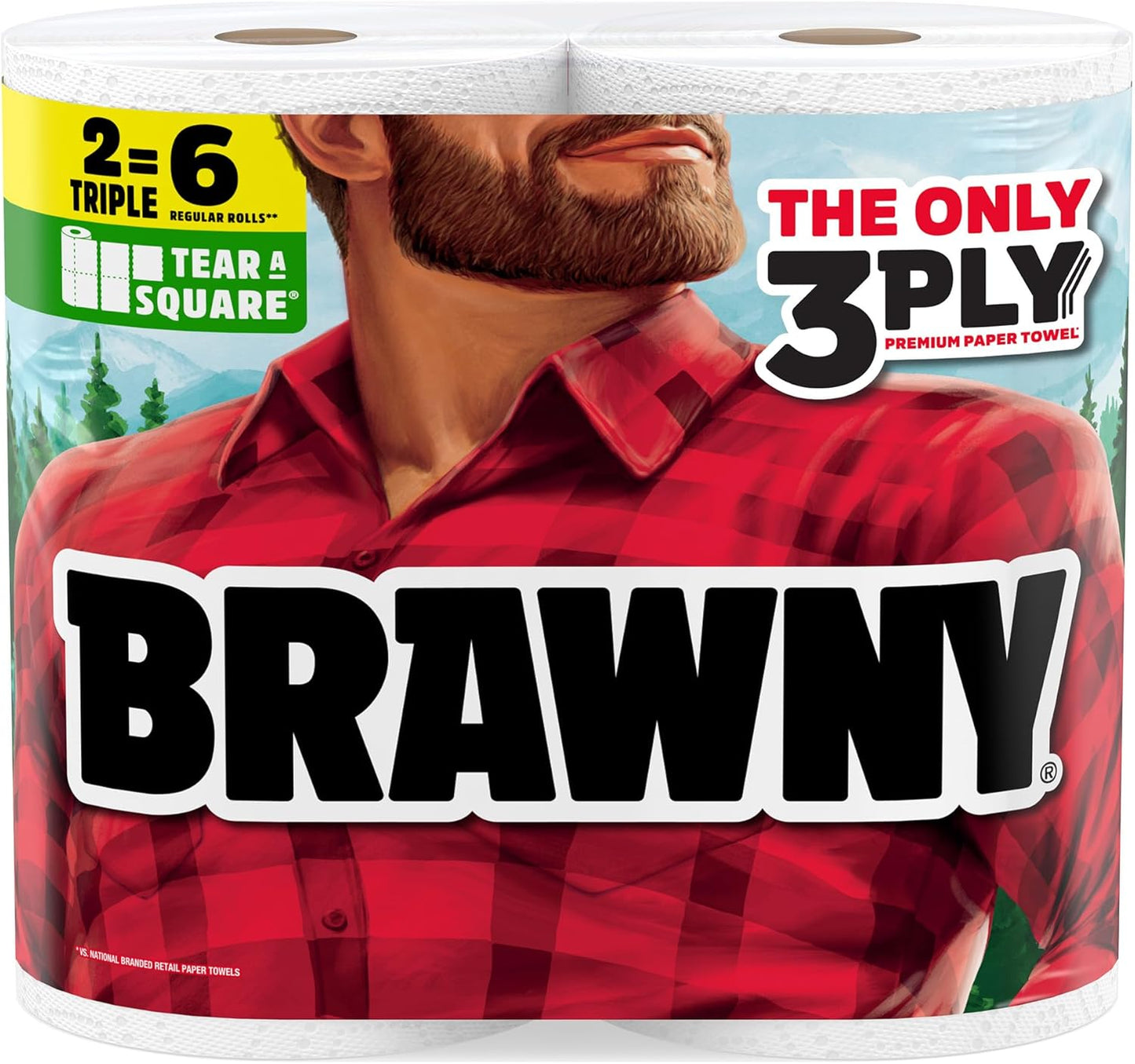 Brawny Tear-A-Square 3-Ply Paper Towels, 6 Double Rolls = 12 Regular Rolls, Strong, Absorbent, and Durable with 3 Sheet Sizes (Quarter, Half, Full)