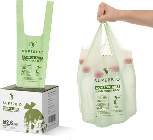 SUPERBIO 1.6 Gallon Handle Tie Compostable Food Scrap Bags For Counter Top Compost Bin, Small Compost Bags, 50 Count, 6 Liter, BPI & OK compost INDUSTRIAL Certified