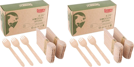 Gmark Eco-friendly Wooden Sporks 100 ct, Disposable Spoon Fork 2-in-1 Cutlery, 6.25" Birchwood Green Natural Product GM1033A