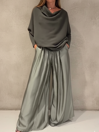 🔥Summer Arrivals🌟Elegant Off-shoulder Sweater and Satin Wide-leg Pants Two-piece Suit