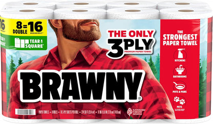 Brawny Tear-A-Square 3-Ply Paper Towels, 6 Double Rolls = 12 Regular Rolls, Strong, Absorbent, and Durable with 3 Sheet Sizes (Quarter, Half, Full)