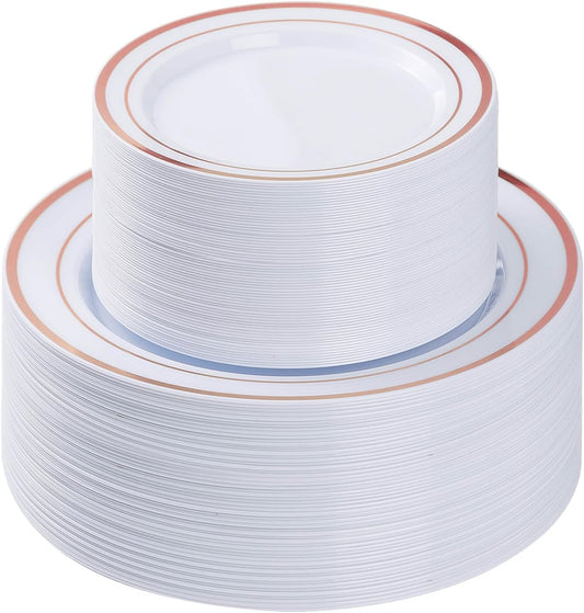 BESTVIP 200PCS Gold Plastic Plate, Disposable Party Plates with 100 Dinner Plates and 100 Dessert Plates, Plastic Plates for Party, Wedding and Birthday