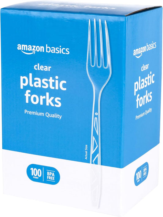 Amazon Basics Disposable Clear Plastic Forks, Premium Quality, 100 Count, Large Pack
