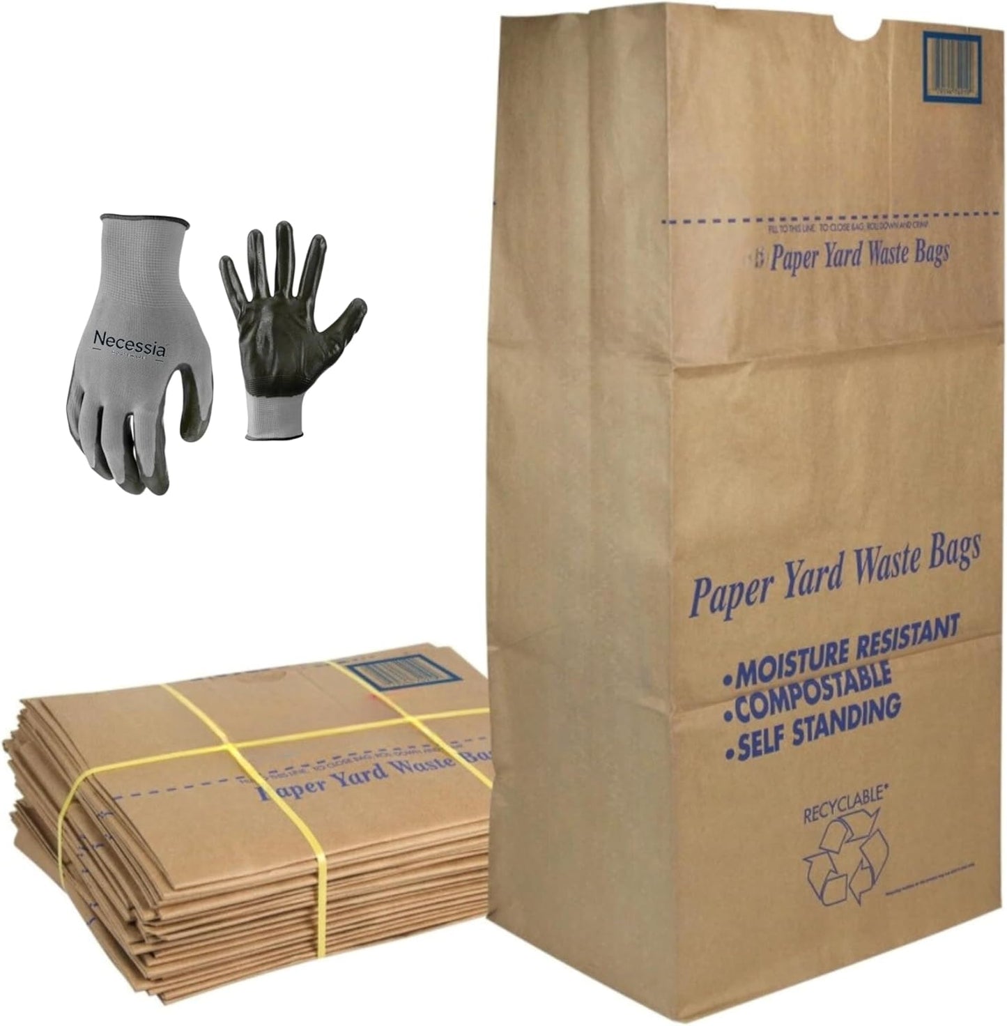 30 Gallon Lawn & Leaf 2-Ply Heavy-Duty Yard Waste Compost Refuse Paper Bags with Necessia Gardening Gloves, Eco-Friendly, Tear Resistant, Self Standing, Biodegredable, Made in USA, 30 Count