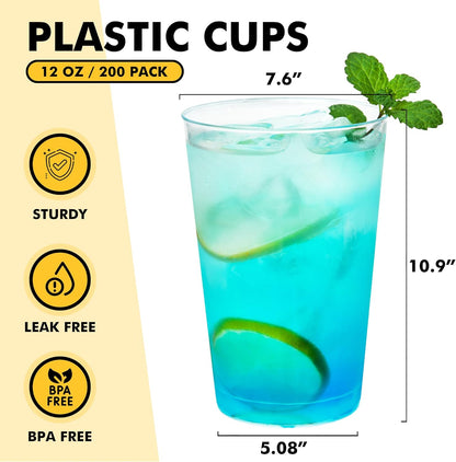 RACETOP 200 Pack 9 oz Clear Plastic Cups for Party, Disposable Clear Cup, Disposable Cups, Wine Glasses Cups, Plastic Cocktail Glasses