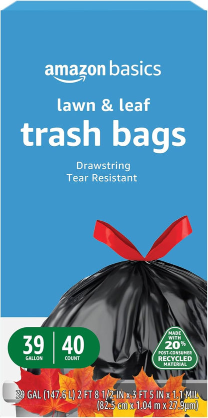 Amazon Basics 39 Gallon Lawn & Leaf Heavy Duty Drawstring Trash Bags, 20% Post Consumer Recycled, 40 Count, Black