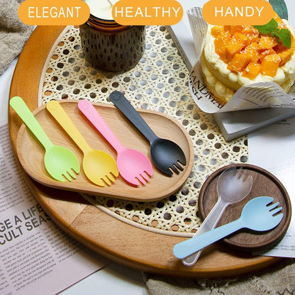 4.3" Mini Disposable Sporks 100ct, Plastic Spork 2-in-1 Utensils, 4 Colors, 25ct Individual Package Per Color - Made by Mavere