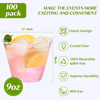 RACETOP 200 Pack 9 oz Clear Plastic Cups for Party, Disposable Clear Cup, Disposable Cups, Wine Glasses Cups, Plastic Cocktail Glasses