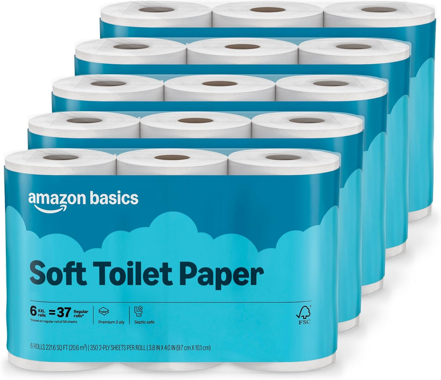 Amazon Basics 2-Ply Soft Toilet Paper, 30 Rolls (5 Packs of 6), 350 Sheets per Roll, Septic Safe, Equivalent to 185 Regular Rolls