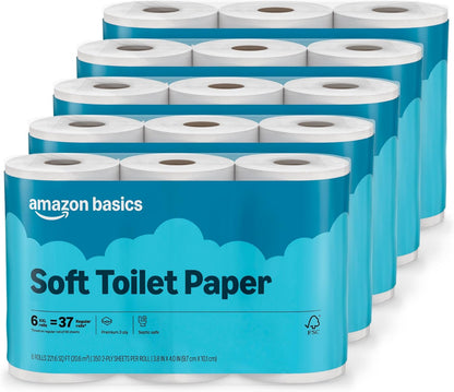 Amazon Basics 2-Ply Soft Toilet Paper, 30 Rolls (5 Packs of 6), 350 Sheets per Roll, Septic Safe, Equivalent to 185 Regular Rolls