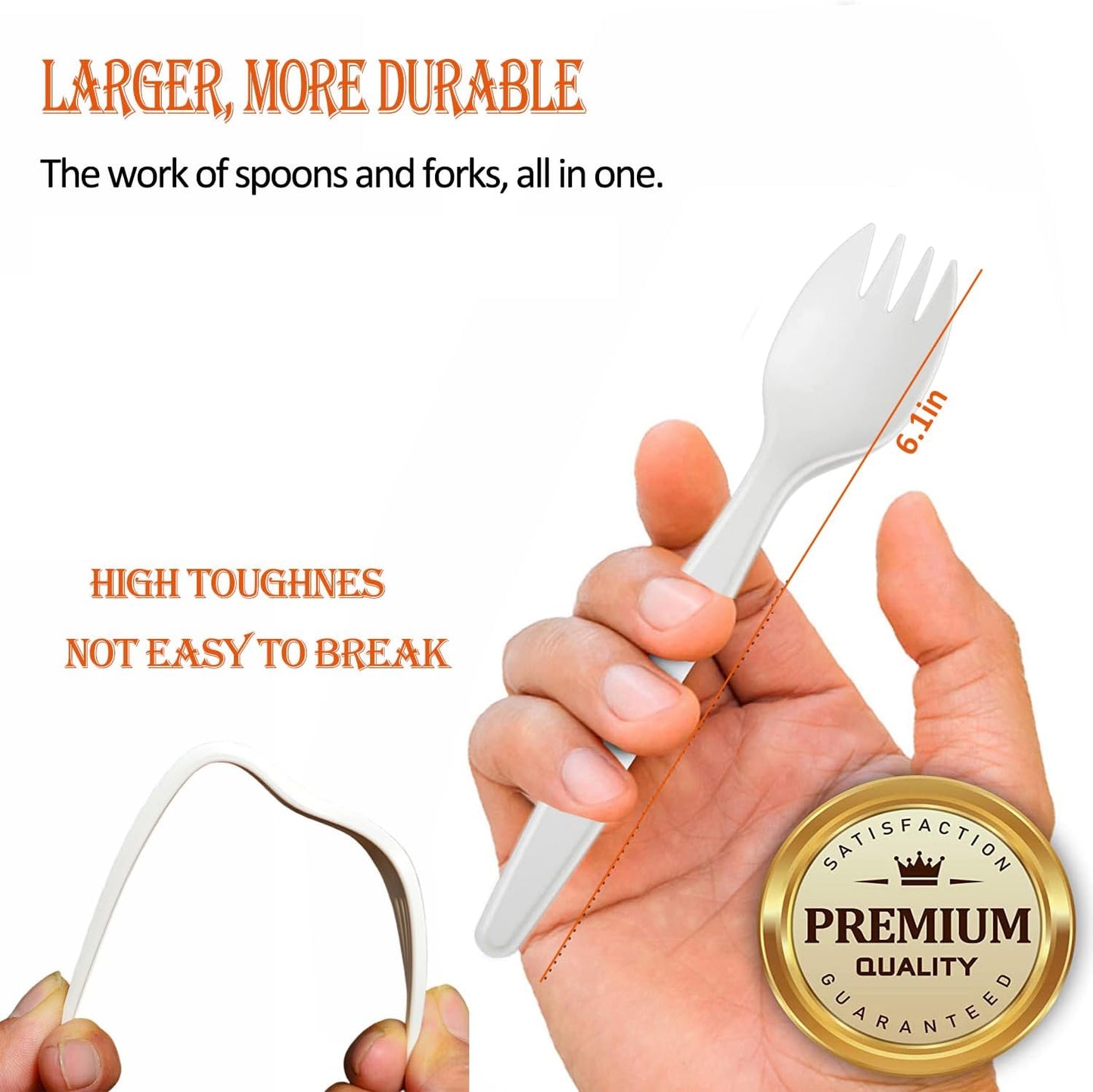 6” Large Size Reusable Sporks, Plastarch Material (PSM) Utensils, Spoon Fork 2-in-1 Spork for School Lunch, Picnics, Parties, Forky Making by Mavere, 50Pcs/Box