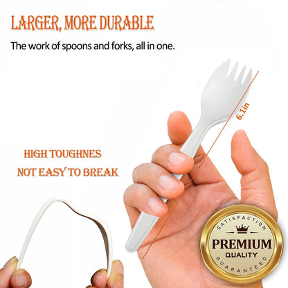 6” Large Size Reusable Sporks, Plastarch Material (PSM) Utensils, Spoon Fork 2-in-1 Spork for School Lunch, Picnics, Parties, Forky Making by Mavere, 50Pcs/Box