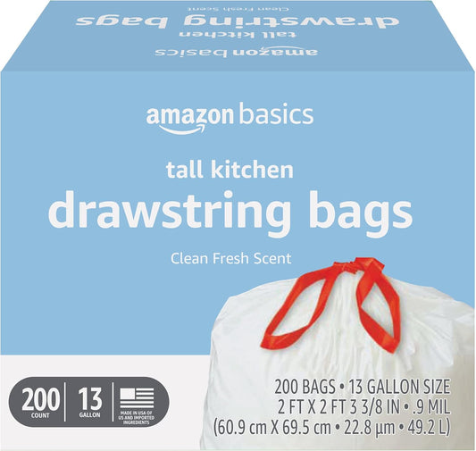 Amazon Basics Tall Kitchen Drawstring Trash Bags, 13 Gallon, Unscented, 45 Count