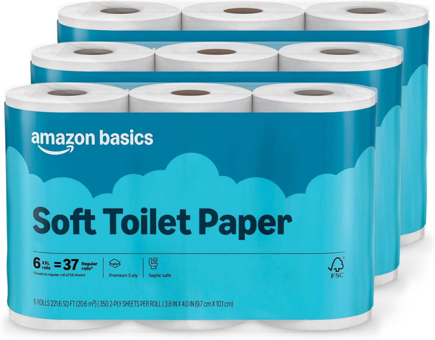 Amazon Basics 2-Ply Soft Toilet Paper, 30 Rolls (5 Packs of 6), 350 Sheets per Roll, Septic Safe, Equivalent to 185 Regular Rolls