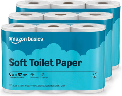 Amazon Basics 2-Ply Soft Toilet Paper, 30 Rolls (5 Packs of 6), 350 Sheets per Roll, Septic Safe, Equivalent to 185 Regular Rolls