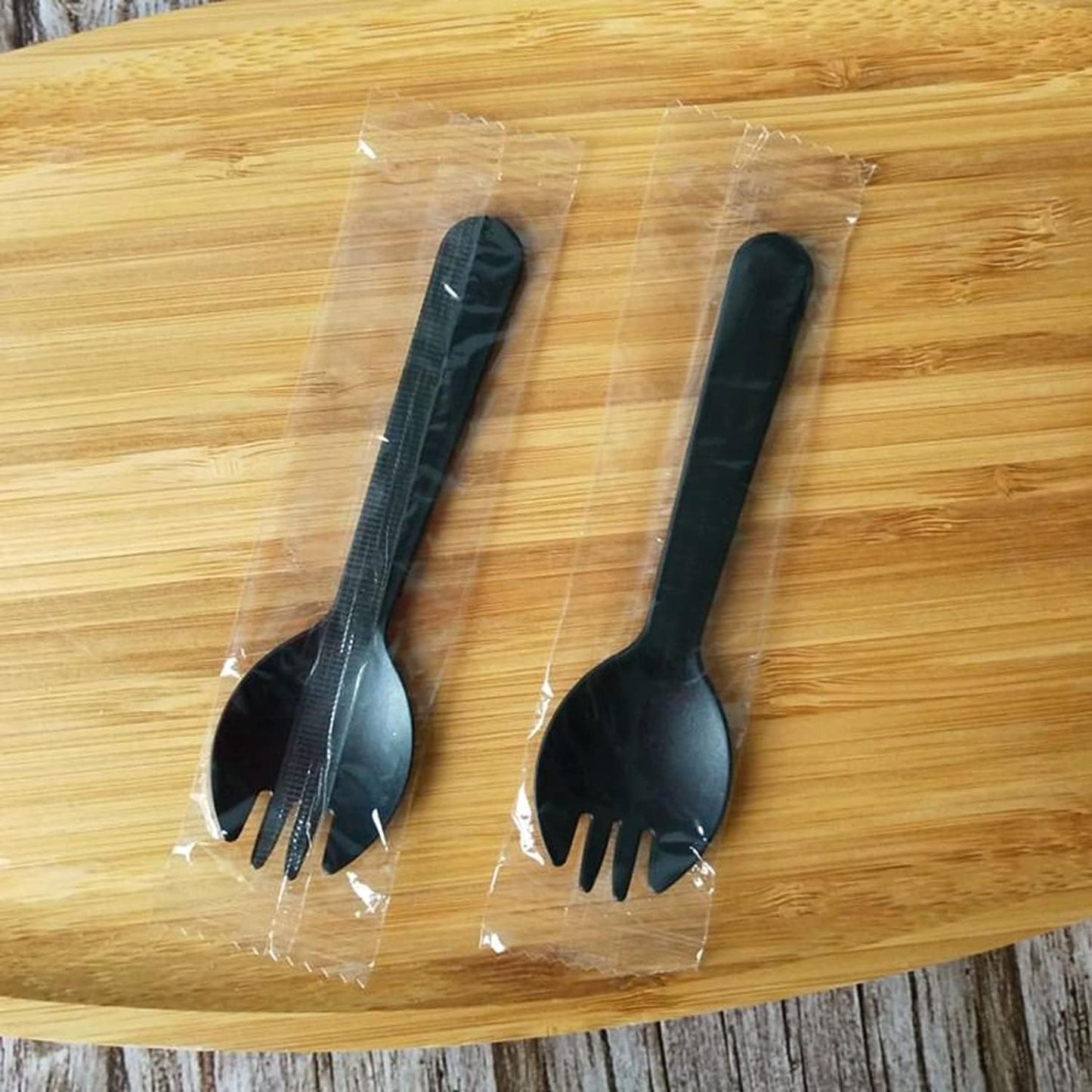 100PCS Disposable Sporks, Individually Wrappe Eco-Friendly Durable Plastic Spork, 2 in 1 Forks and Spoons Great for School Lunch, Picnics or Restaurant and Party Supply (Black)