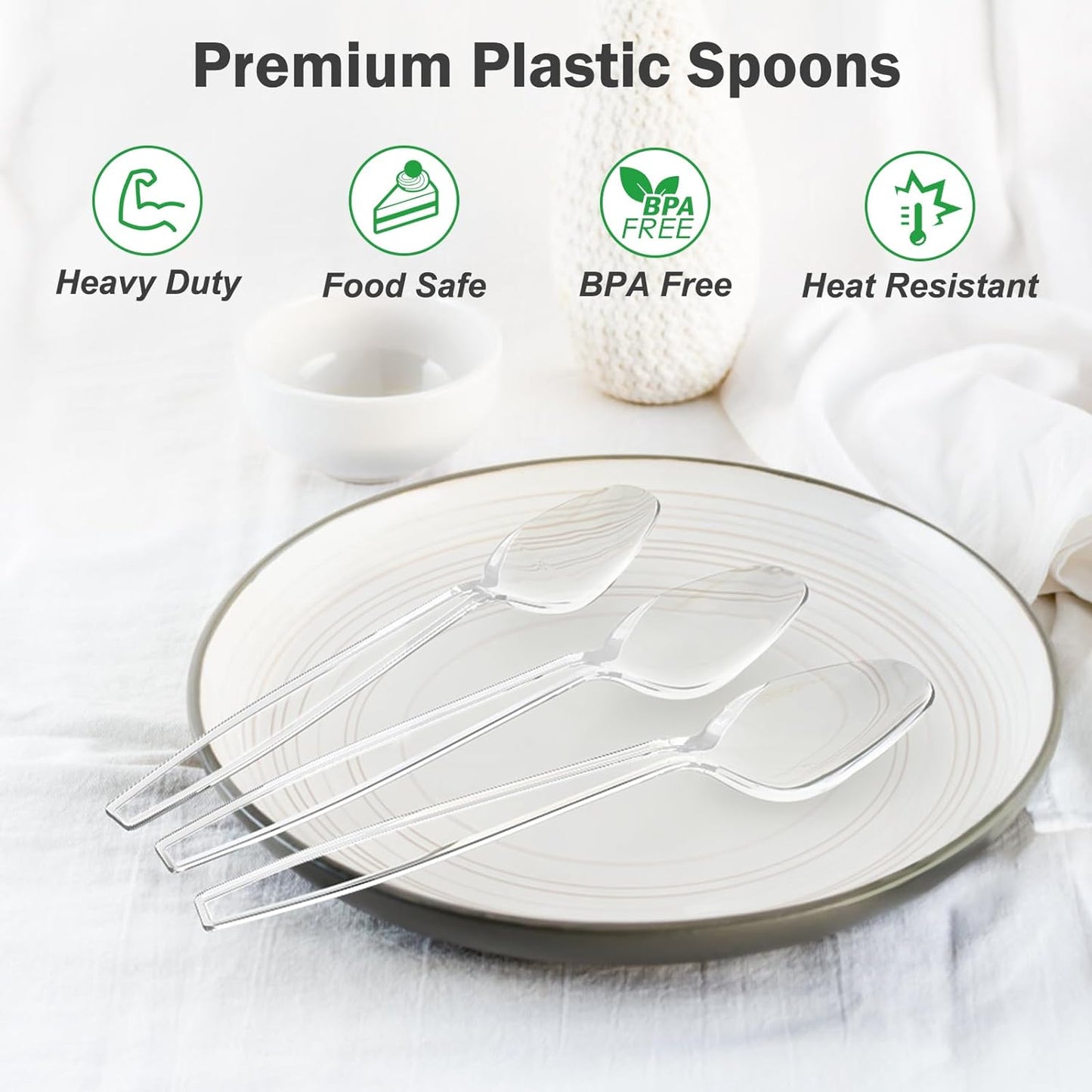 100 Count Clear Plastic Spoons Disposable, BPA-Free, Heat Resistant, Solid and Durable Disposable Spoons Heavy Duty Bulk, Premium Spoons plastic disposable for Party Supply