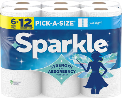 Sparkle Pick-A-Size Paper Towels, 6 Double Rolls (660 Sheets Total) - Strong 2-Ply Towels for Kitchen Cleanup and Everyday Messes
