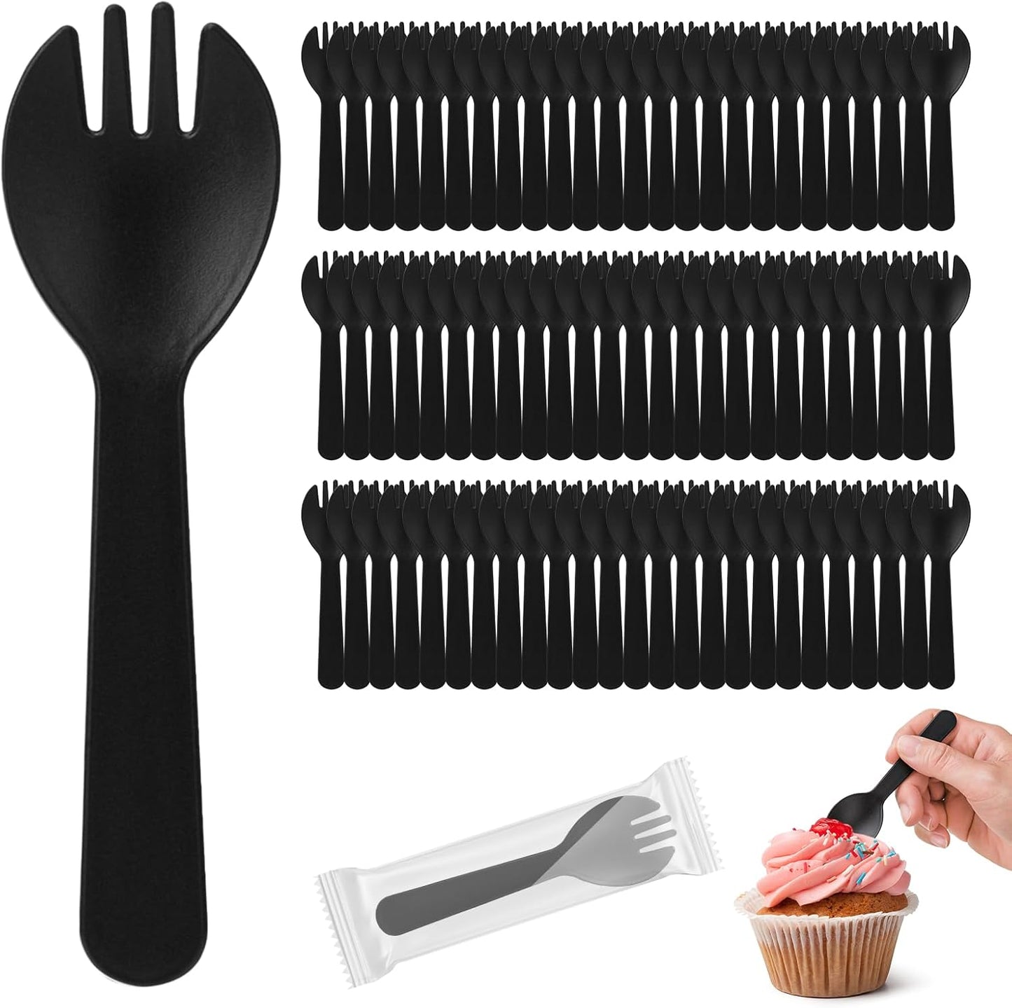 100Pcs Mini Plastic Spork, 4.2 Inch Individually Wrapped Disposable Cutlery, Small Black Fork Spoon Combo for Desserts, Ice Cream, Cakes, Appetizer, To-Go & Party Use