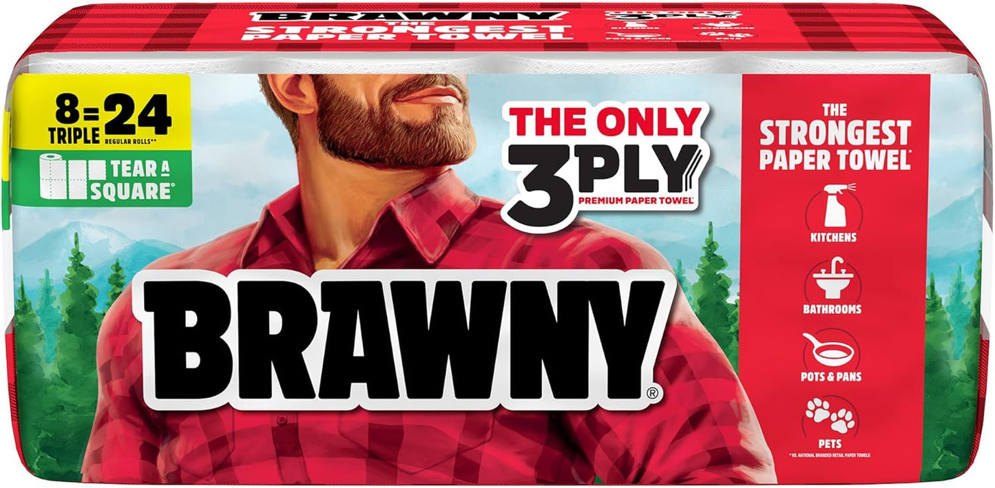 Brawny Tear-A-Square 3-Ply Paper Towels, 6 Double Rolls = 12 Regular Rolls, Strong, Absorbent, and Durable with 3 Sheet Sizes (Quarter, Half, Full)
