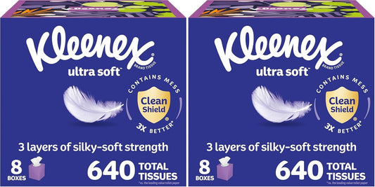 Kleenex Ultra Soft Facial Tissues, 8 Cube Boxes, 80 Tissues per Box, 3-Ply, Packaging May Vary