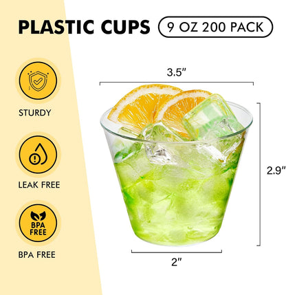 RACETOP 200 Pack 9 oz Clear Plastic Cups for Party, Disposable Clear Cup, Disposable Cups, Wine Glasses Cups, Plastic Cocktail Glasses