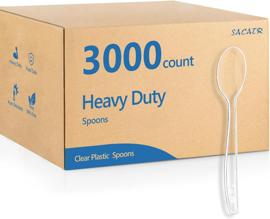 SACATR 1000 Count Clear Plastic Spoons Bulk - Plastic Silverware Spoons Heavy Duty, Premium Disposable Spoons, BPA-Free, Heat Resistant, Suitable for Parties, Events, and Everyday Use