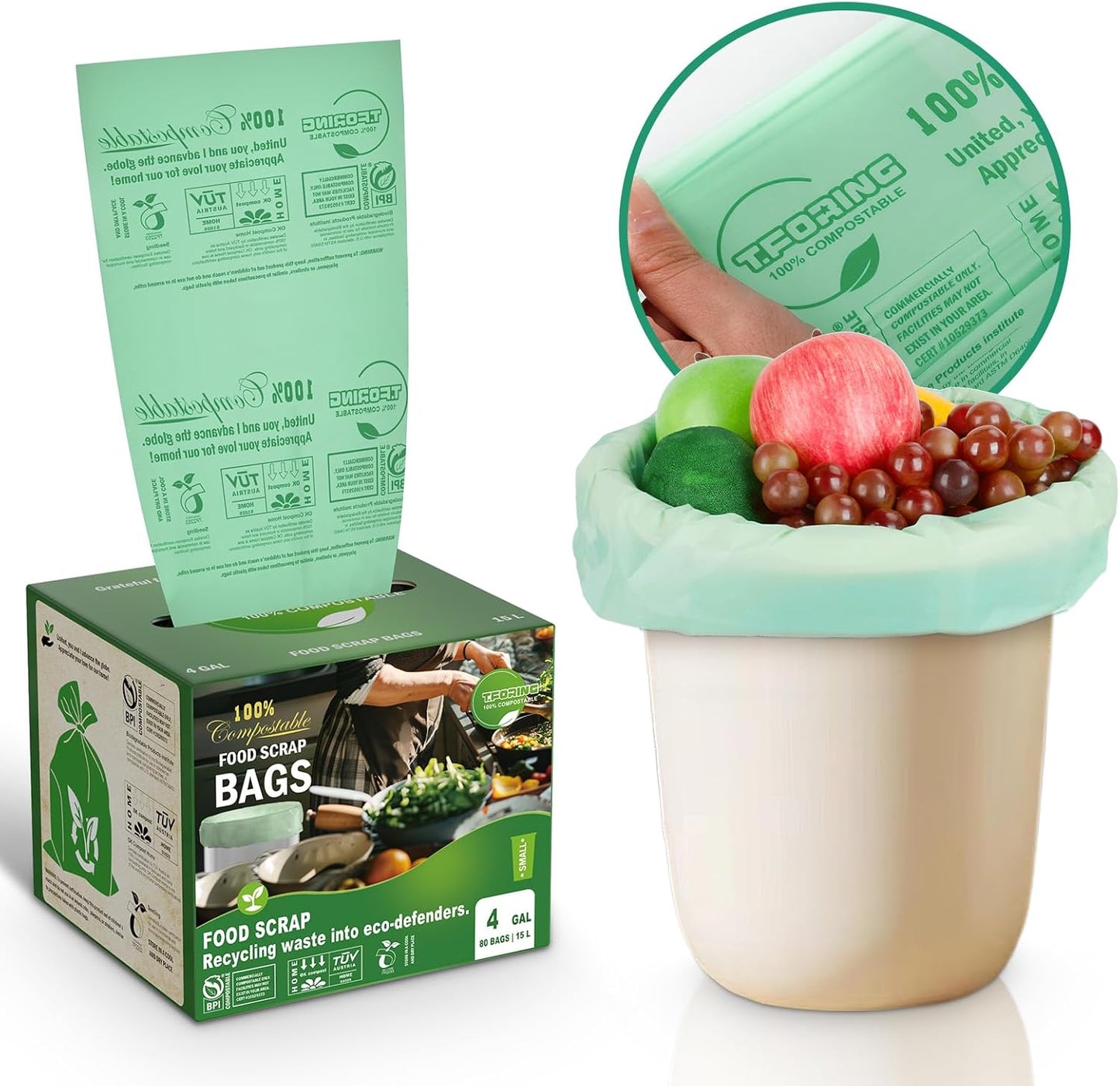 1.2 Gallon Compost Bags, 4.5 Liter, 0.8 Mil,80 Count Compostable Trash Bags, Small Kitchen Food Scrap Waste Bags, ASTM D6400, US BPI, CMA and Europe OK compost HOME Certified