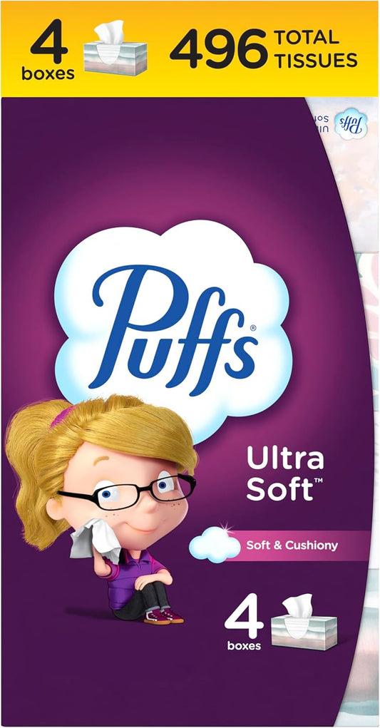 Puffs Ultra Soft Facial Tissues, 4 Family Size Boxes, 124 Facial Tissues per Box, Allergies and Colds
